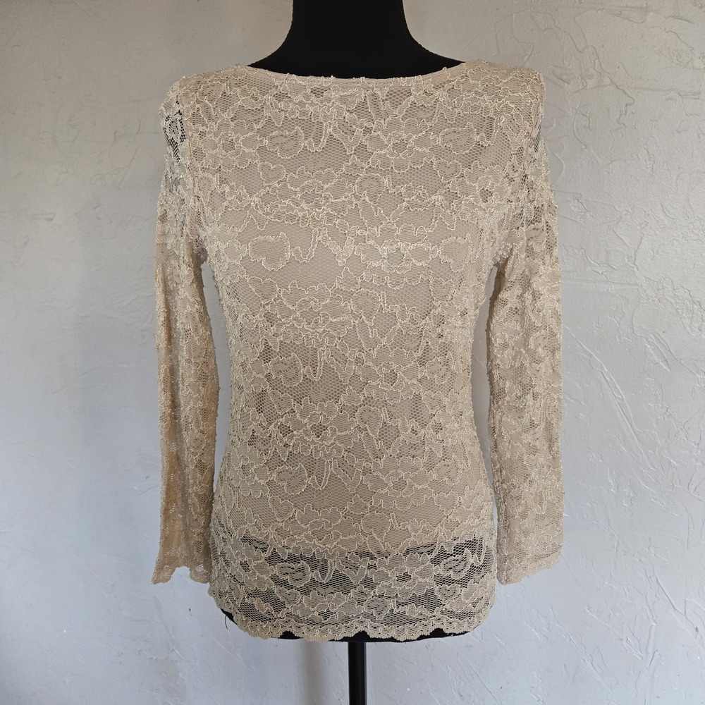 VTG 90's LIA  Lace Textured Long Sleeve Top Size PS Champagne Old Money Glam USA